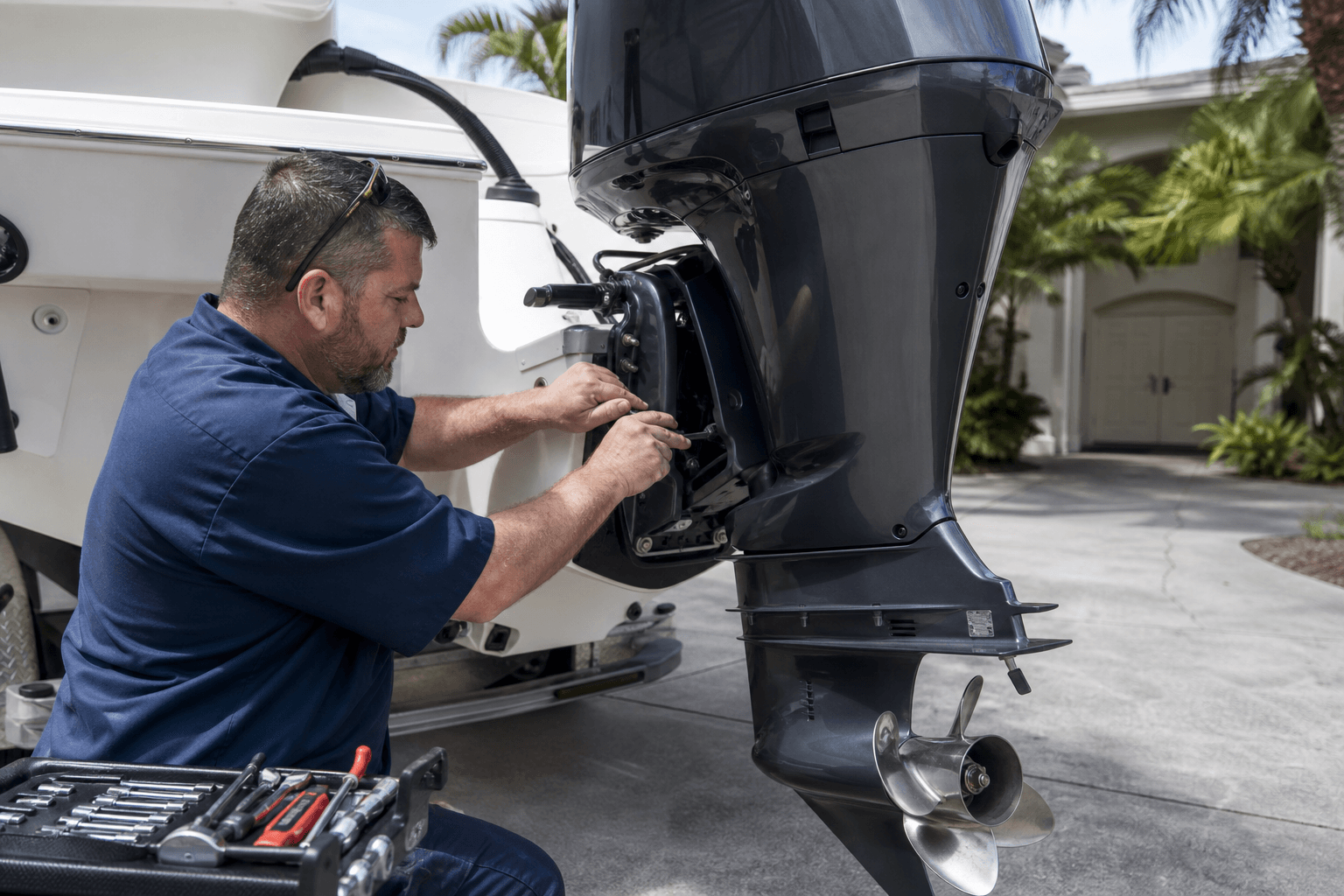 Technician mounting a four-stroke outboard on a transom